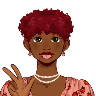 Ilustração do picrew. Eu apareço do busto para cima, negro de pele clara, com o cabelo vermelho cacheado curto, acima da orelha. Dou língua, uso um vestido e brincos de morango e faço um 2 com a mão.